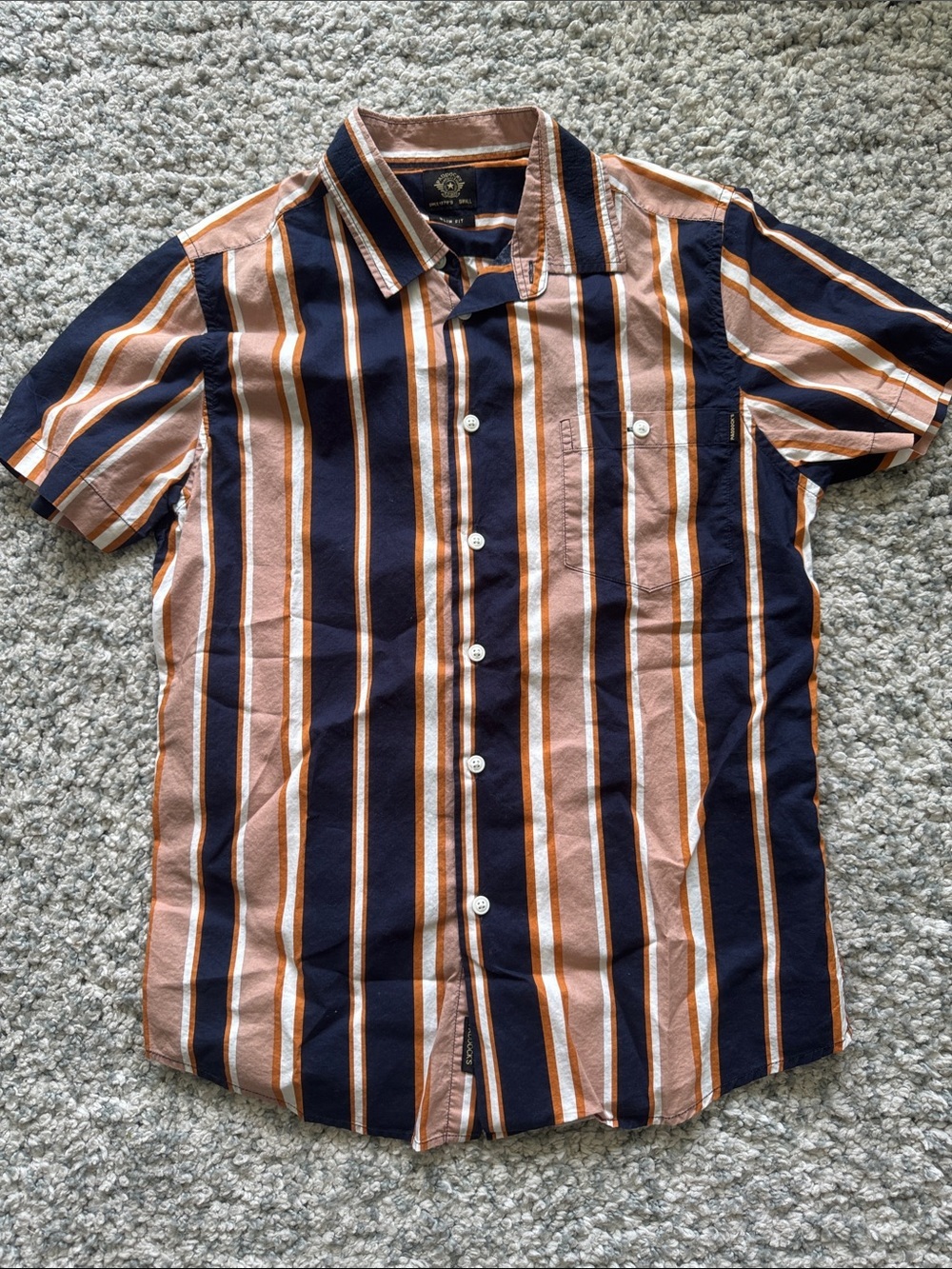 Jack & Jones Navy and Brown Vertical Stripe Short-Sleeve Shirt